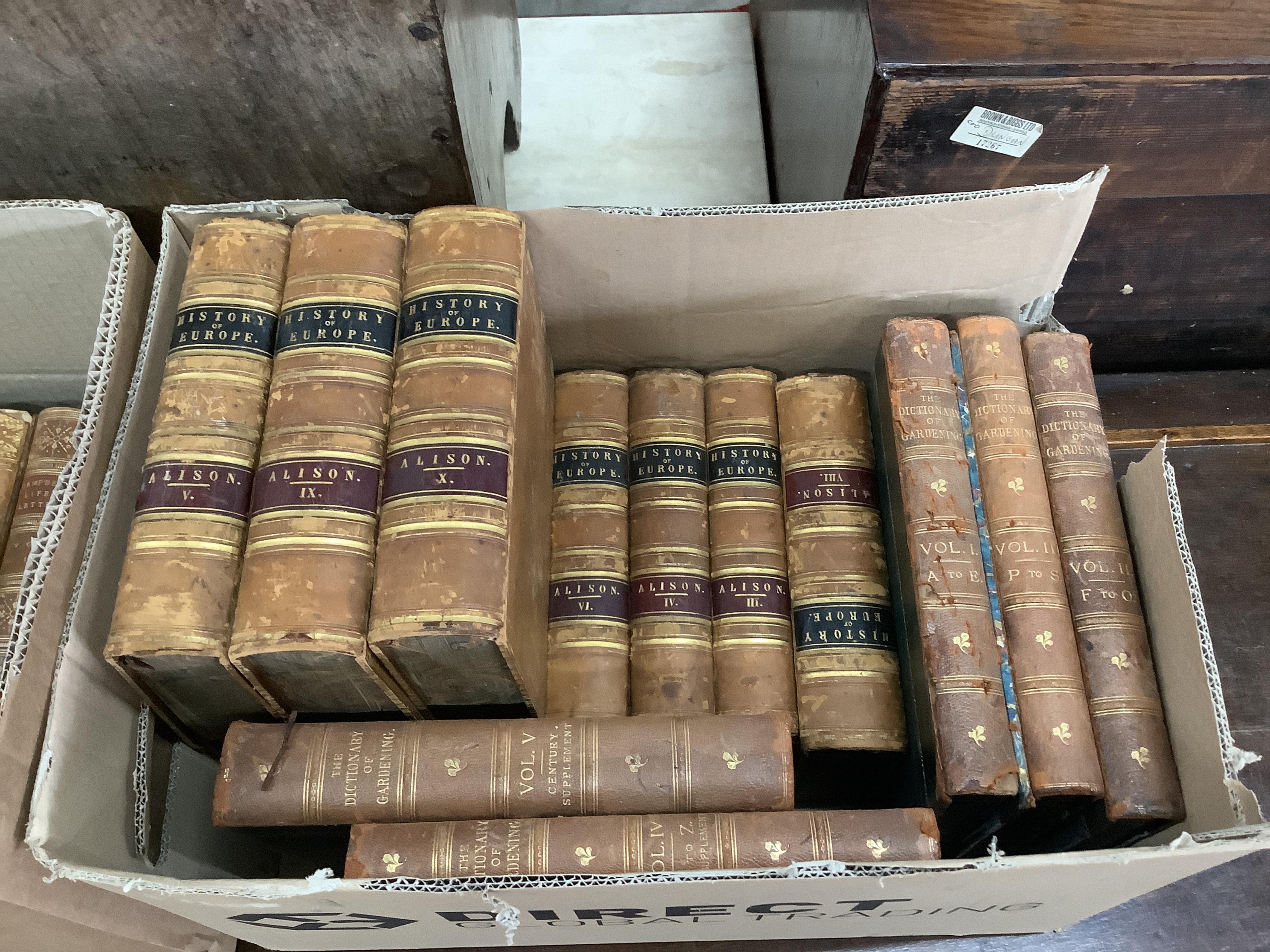 Three boxes of leather bound books to including Alison - History of Europe, The Dictionary of Gardening, etc., approximately 38 volumes. Condition - fair
